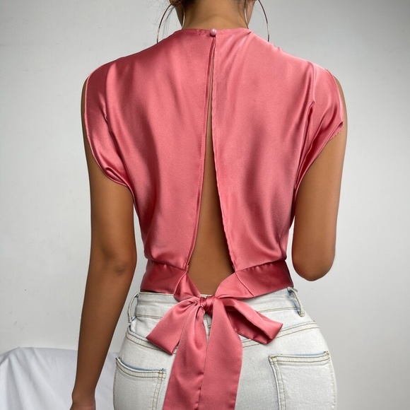 Boho silver Grey Cut out Back Satin Crop Top - Picture 8 of 12